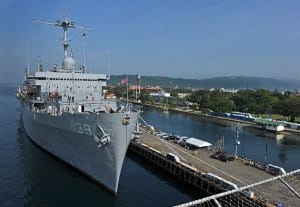 The submarine tender USS Emory S. Land (AS-39) in Subic Bay. US Navy photo by Michael Russell/Released)
